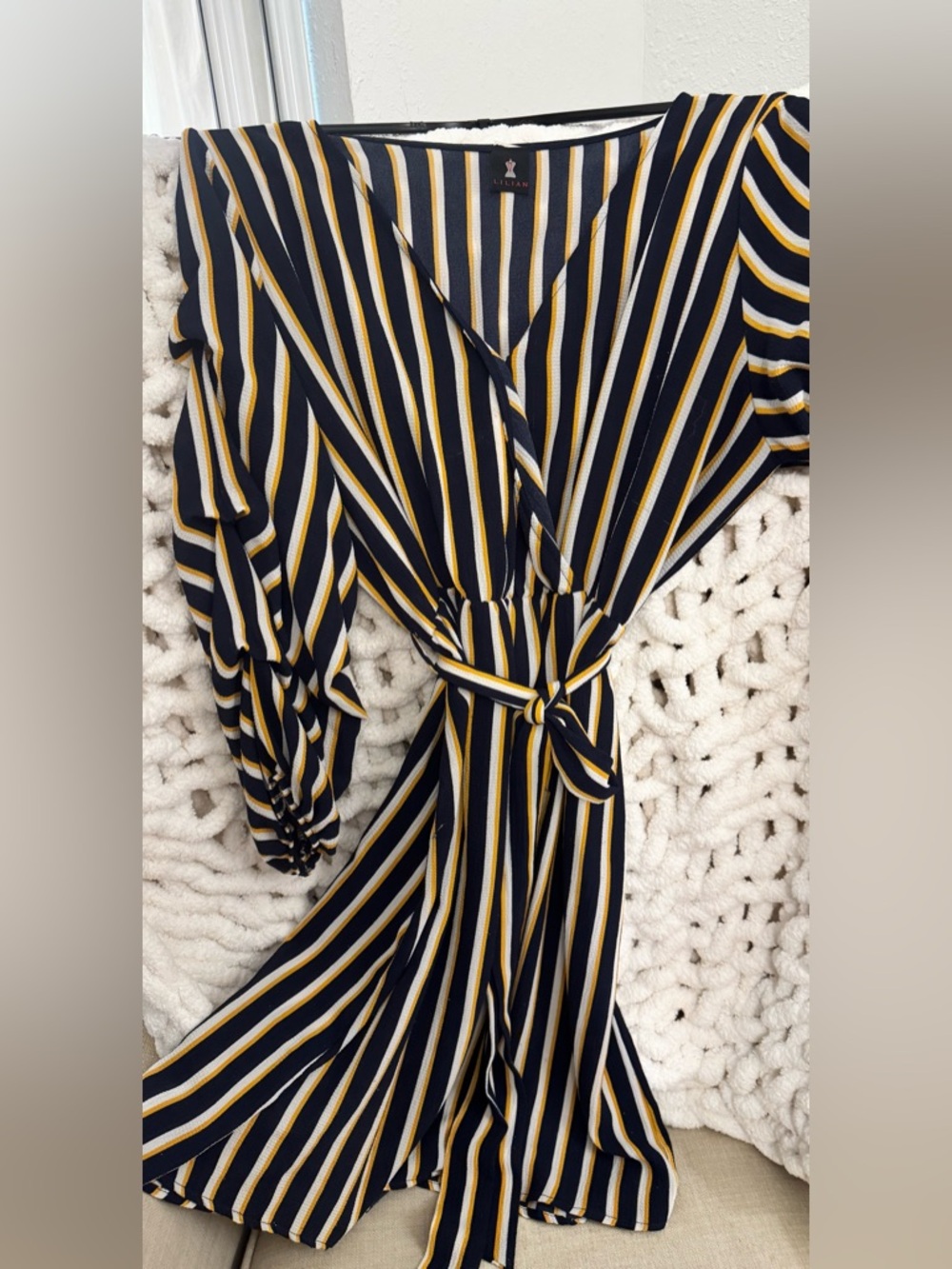 Striped Navy and Mustard Tie-Waist Dress